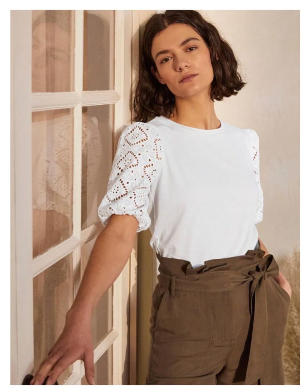 Boden Abigail Puff Sleeve Jersey Short Sleeve Top Blouse Eyelet detail size 12